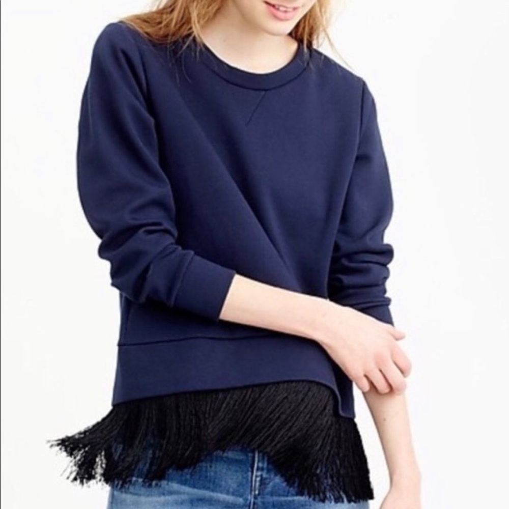 J.Crew- Navy Crewneck Sweater With Fringe Hem